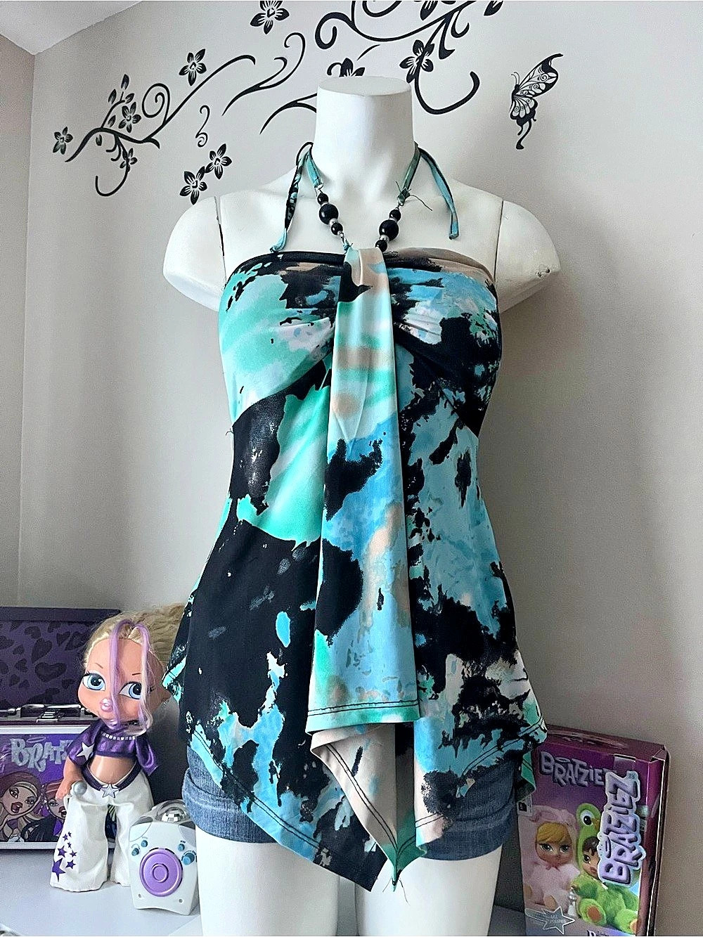 Guilty Abstract Halter Tank Top in Blue & Black Size Large